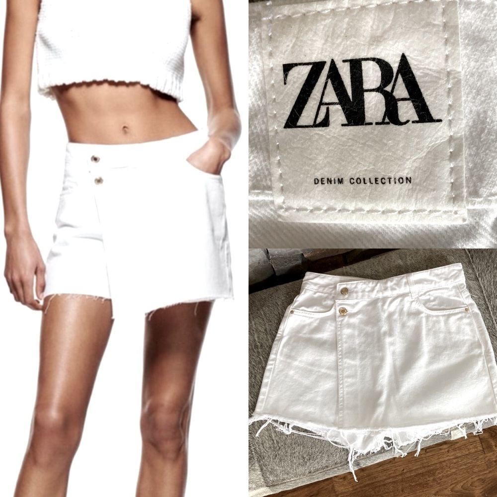 Zara White Denim Skort with Raw Hem